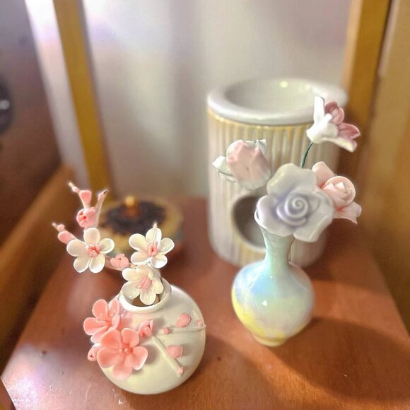 Elegant Pink Ceramic Vase Set - Handmade Pink Plum Blossom & Soft White Ceramic - Picture 3 of 3